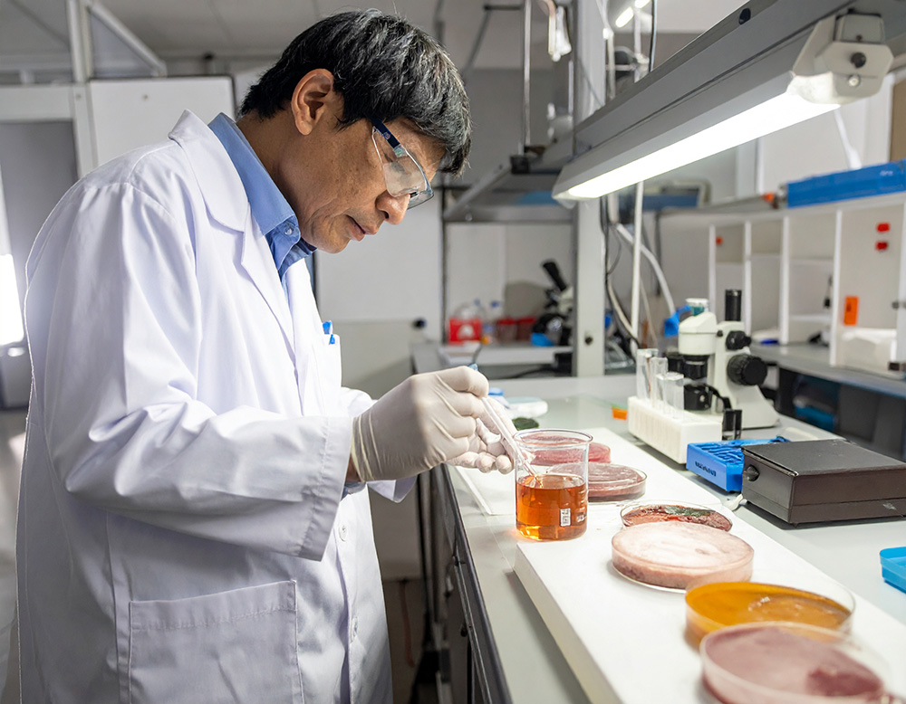 一人の研究者がスポイトを使って作業している