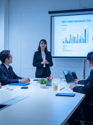 会議中、一人の女性がスライドを使って発表している。